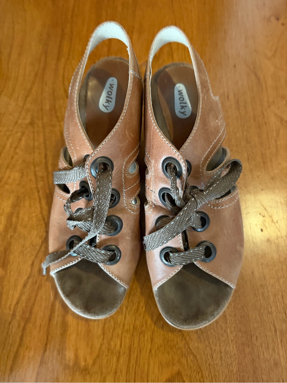 Wolky Tan Brown Leather Lace-Up Open-Toe Mules